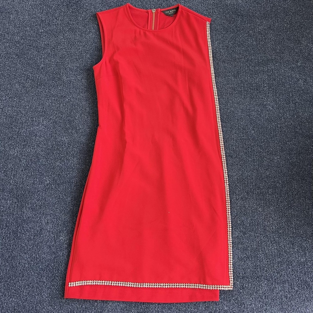 Ted‎ Baker Dress Womens 0 Red Rhinestone Asymmetric Sheath Zip Party Cocktail